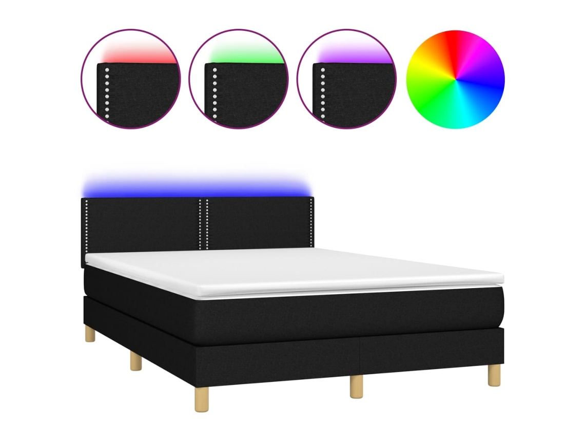 Cama Box Spring com Colchão e Led Tecido Preto MAISON EXCLUSIVE (140x190 cm)