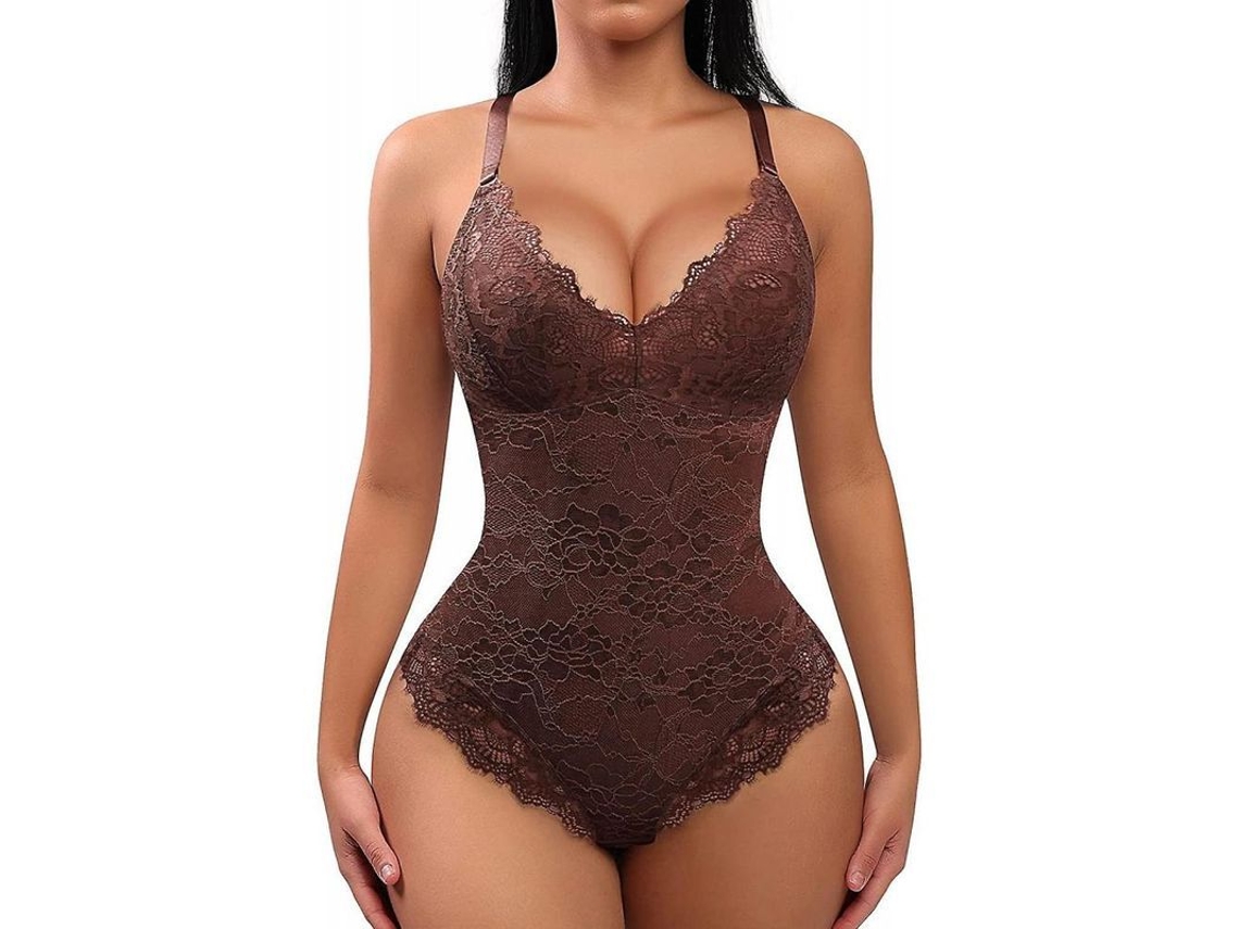 2026-body Shaper Para Mulher Controle Abdominal Bodysuit De Calcinha Com Decote V E Luvas Ajustáveis Medium Marrón