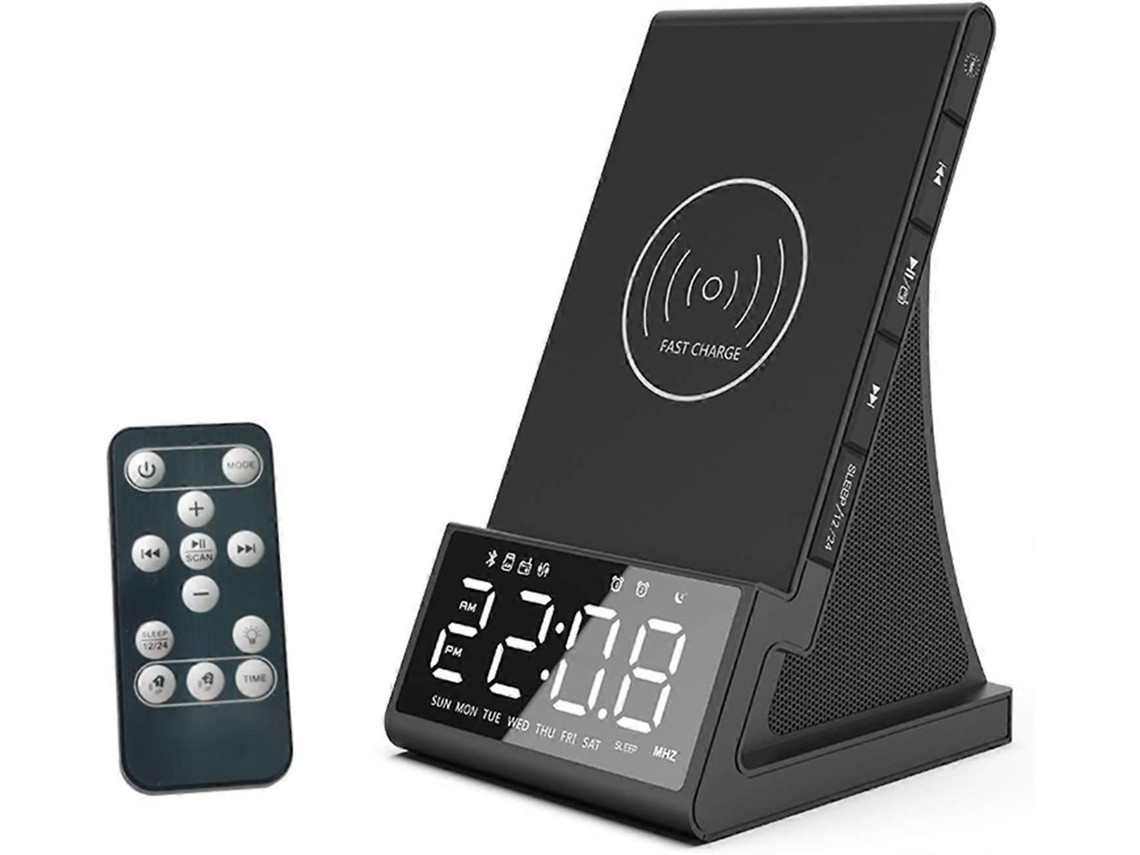 Bedroom Alarm Clock With Wireless Charging, Bluetooth Speaker, Temperature Sensor, Dual Alarm, And Adjustable Light Intensity.