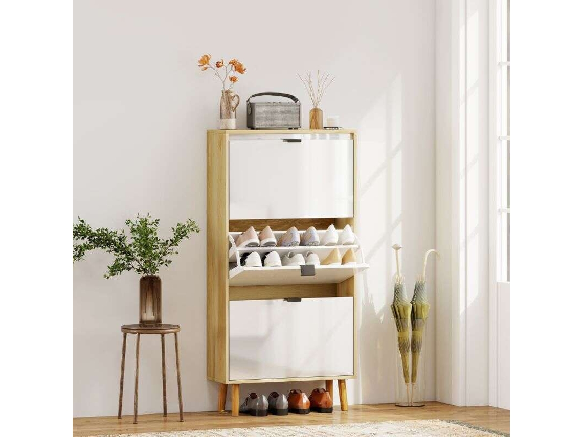 Sapateira Estreita, 3 Gavetas Basculantes, Porta Alta Brilhante, 60×24×127 Cm, Branca