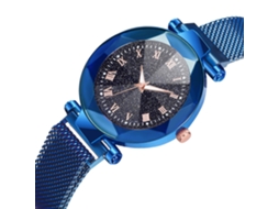 Relógio Feminino de Quartzo com Pulseira de Malha e Botão Magnético Mostrador Redondo Azul
