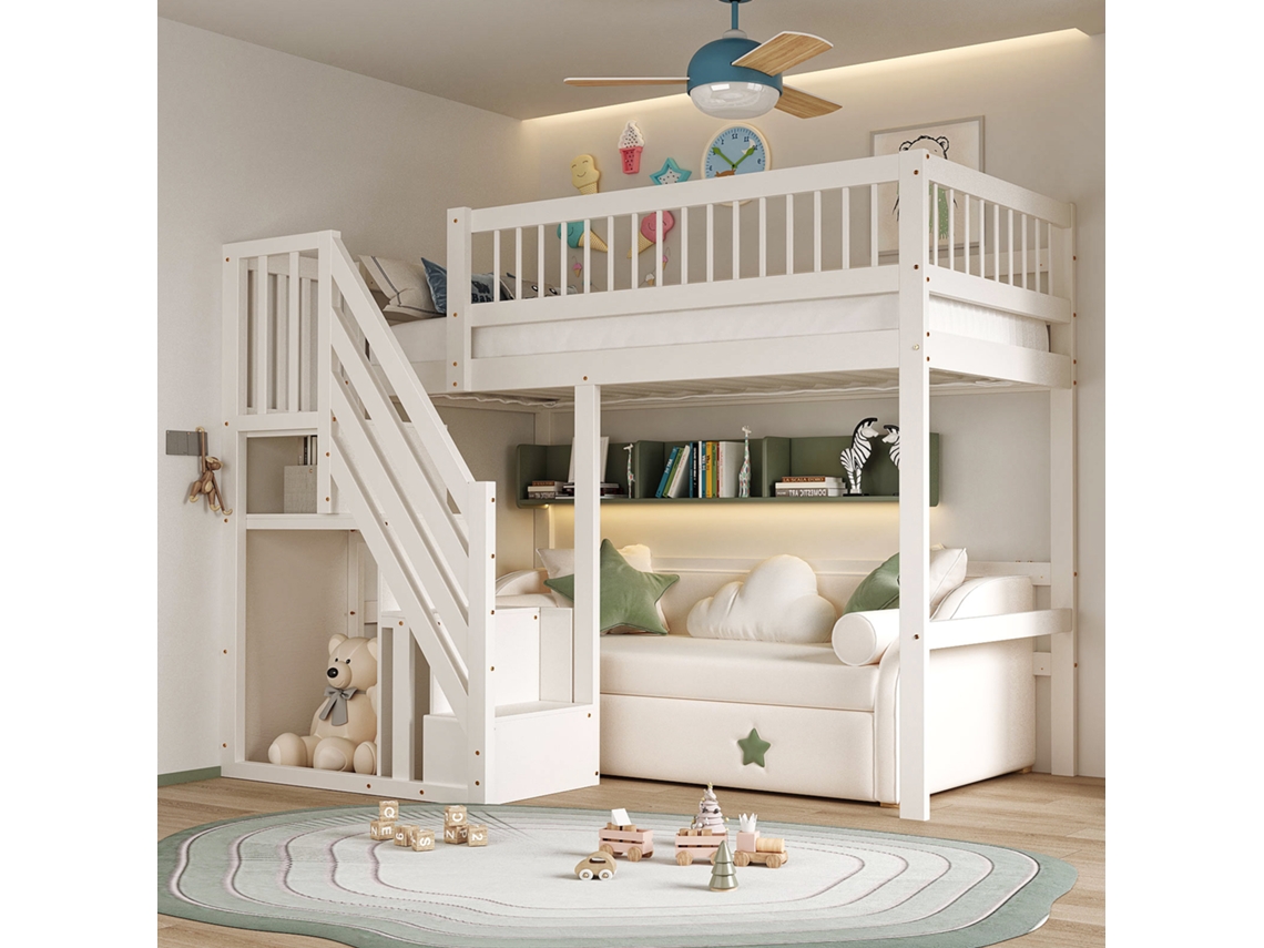 Cama Alta 90x200 Madeira Escada e Armários Branca