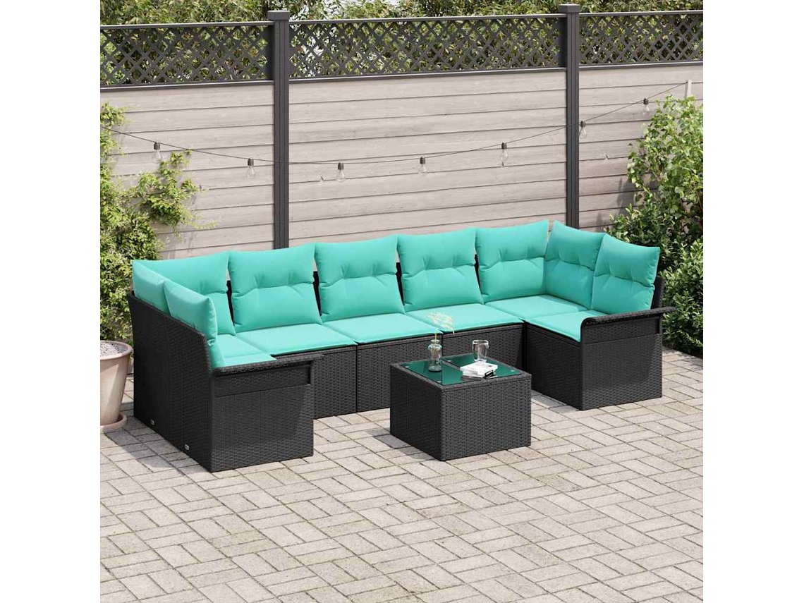 Vidaxl Conjunto De Sofá De Jardim 8 Unid. Preto E Turquesa Vime Pe