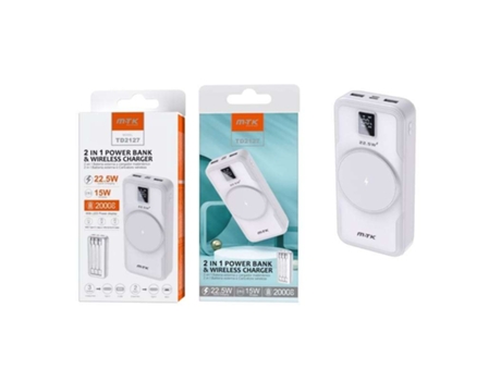 Power Bank 20 000 mAh com Carregamento Wireless & Cabo (iPhone + Tipo C + Micro)