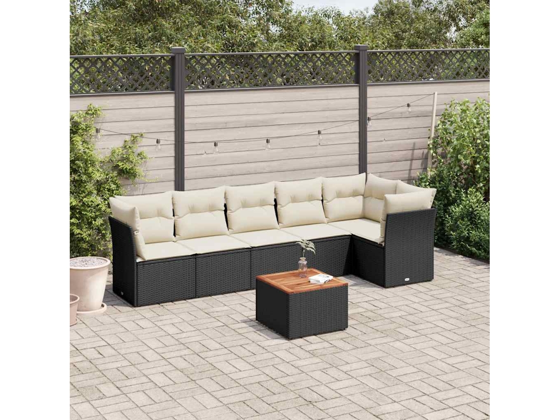 7 Pcs Conjunto De Sofás P/ Jardim C/ Almofadões Vime Pe Preto Dkd Home Decor