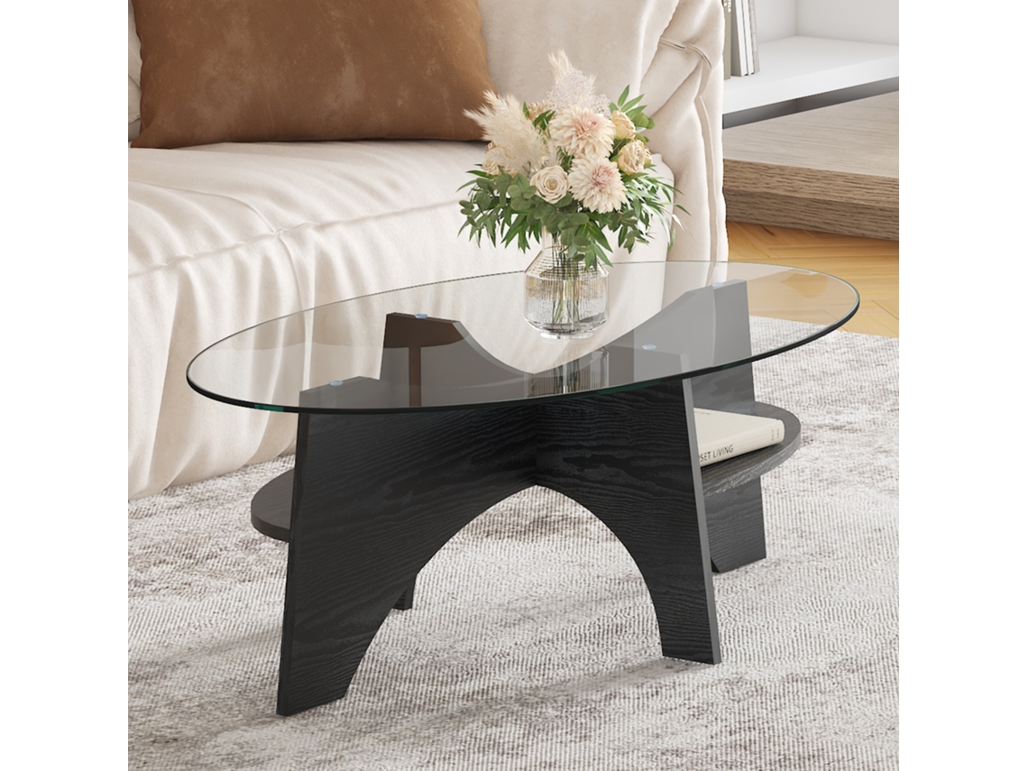 Mesa Lateral Oval 104,9x60cm: Vidro Segurança, Estrutura Leque. Mdf Madeira Preta.-hw