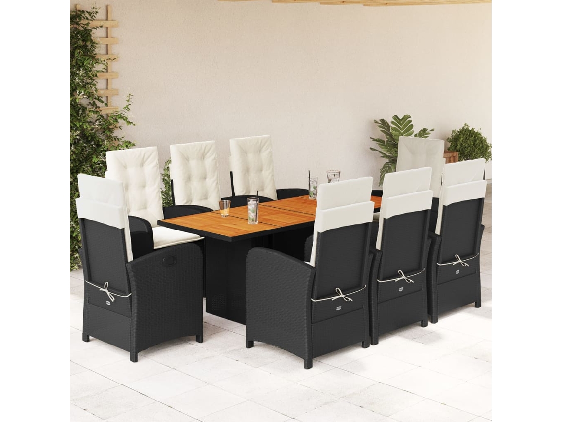 9 Pcs Conjunto De Jantar P/ Jardim C/ Almofadões Vime Pe Preto Dkd Home Decor
