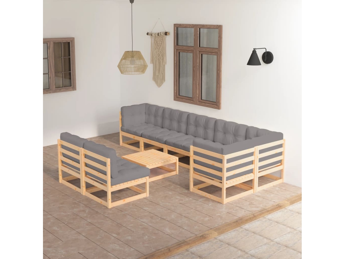 9 Pcs Conjunto Lounge De Jardim C/ Almofadões Pinho Maciço Dkd Home Decor