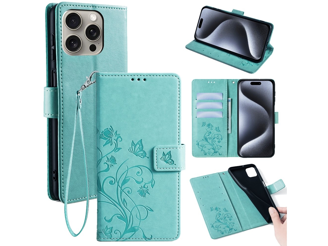 Capa Padrão Flor Borboleta Para Iphone 15 Pro Max Pele Sintética Multicor