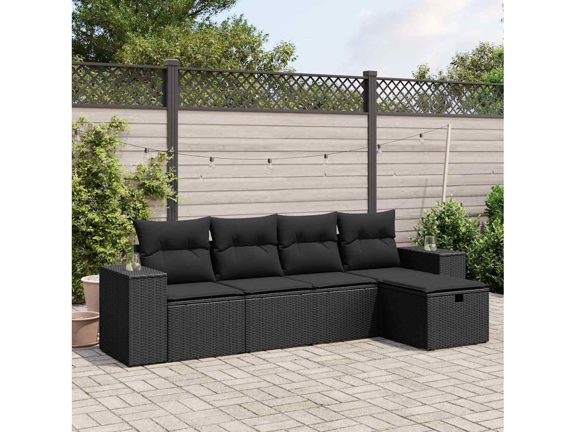 Vidaxl 5 Pcs Conjunto Sofás De Jardim Com Almofadões Vime Pe Preto