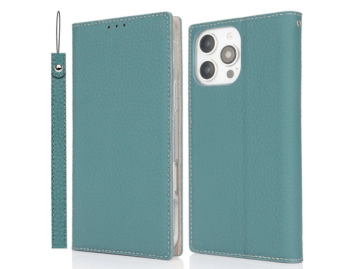 Capa Carteira Compatível Com Iphone 16 Pro Max Em Couro Bovino Genuíno Com Textura De Lichia, Verde