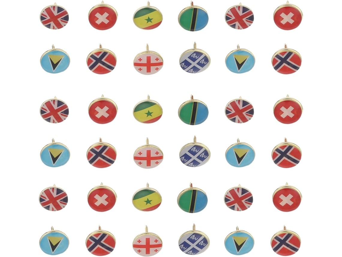 Tehaux Conjunto De 120-tachinhas Redondas Com Bandeiras Países, Metal Dourado, Para Quadros De Avisos, Murais De Cortiça