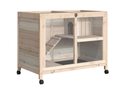 Coelheira de Madeira com Rodas 91,5x53,5x73cm Gaiola para Coelhos de 2 Níveis com Bandeja Amovível e Rampa Natural Ge