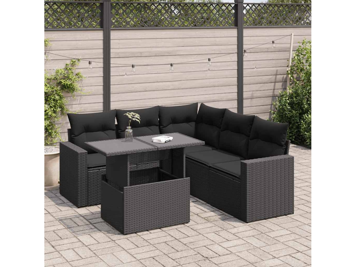 Vidaxl 6 Pcs Conjunto Sofás De Jardim C/ Almofadões Vime Pe Preto