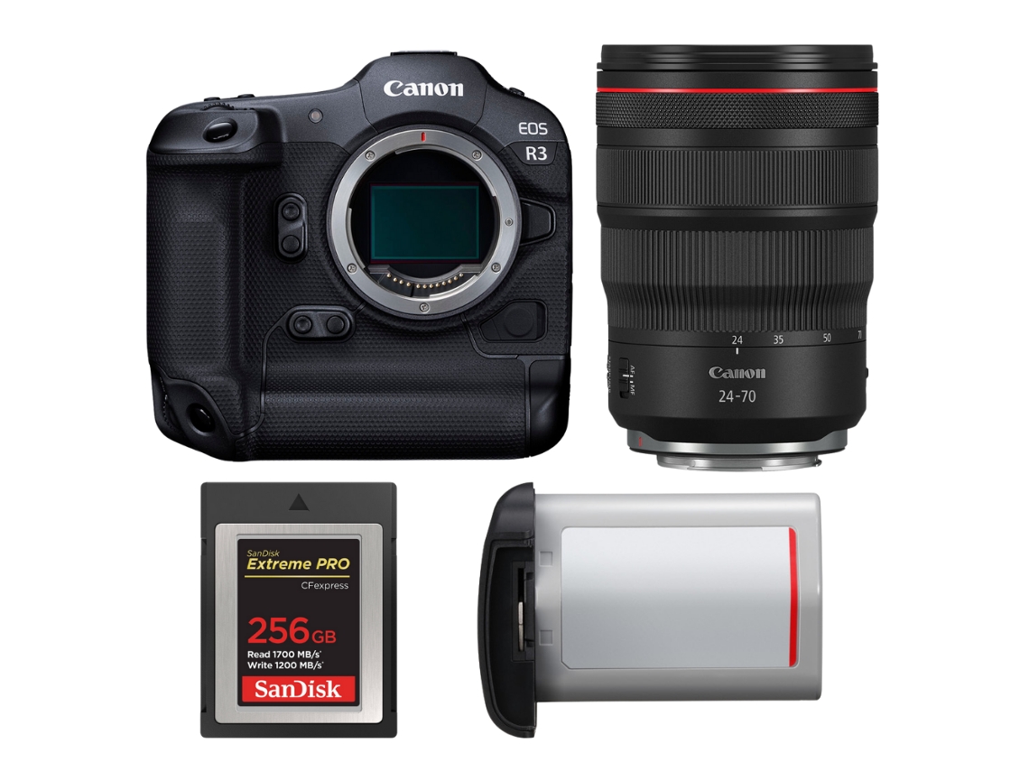 Eos R3 + Rf 24 70mm F/2.8 L Is Usm + 1 Sandisk 256gb Extreme Pro Cfexpress Type B + Canon Lp e19 + Ebook “20 Dicas para Fotos Que Impressionam” CANON