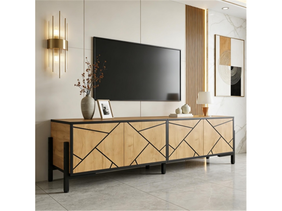Móvel Tv 153x40x50cm 4 Portas Geométrico Madeira Preto VELTRIX