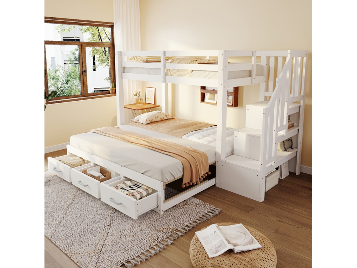 Cama 90x200cm Extensível Com Gavetas E Estante Branca Madeira
