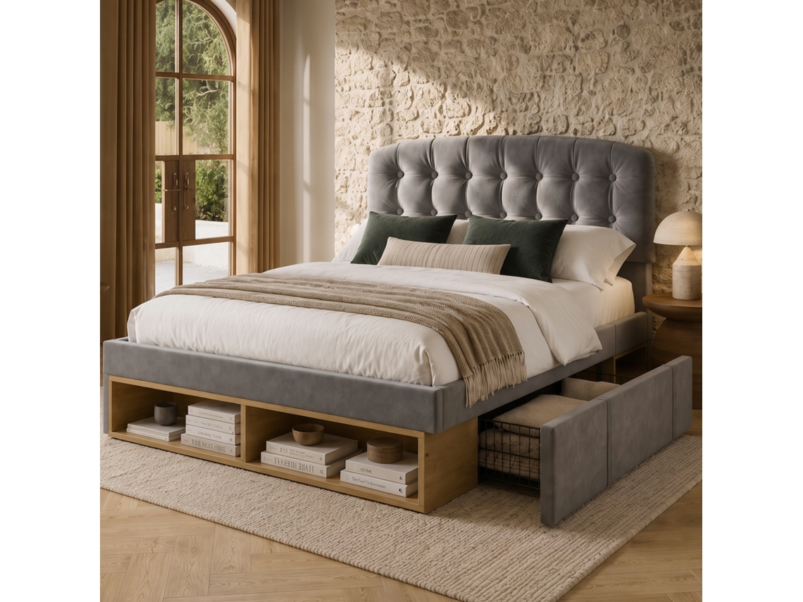 Cama De Duplo Regulavel Em Altura Acolchoada Sem Colchao Com Base Ripada, Encosto E Arrumacao Pelucia