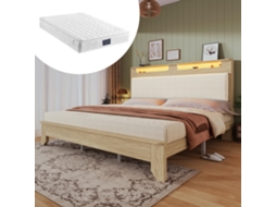 Cama de Casal de madeira 140x200 cm com iluminação LED, cabeceira e encosto com arrumação, veludo cotelê bege e carvalho claro VSOGA
