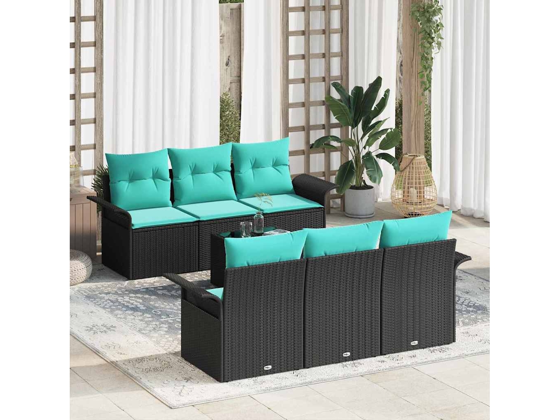 Vidaxl Conjunto De Sofá De Jardim Com Almofada 7 Pcs Preto E Turquesa