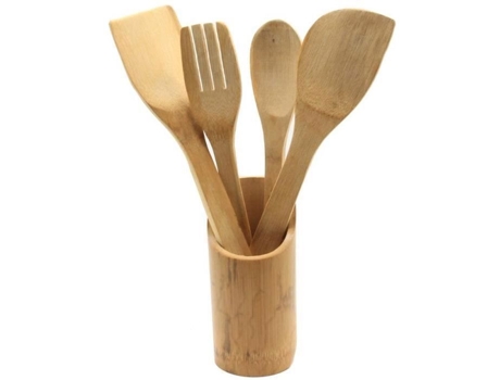 Conjunto de 4 utensílios de cozinha Cobye, suporte de madeira de bambu, ecológico, higiênico e prático