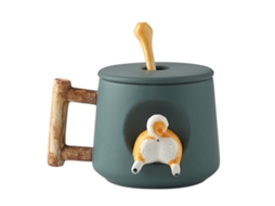 Chávena de Café em Cerâmica Caneca com Design de Shiba Inu em 3D com Cabo de Madeira e Colher Ideal para Presentes 420Ml. NEVEANCE
