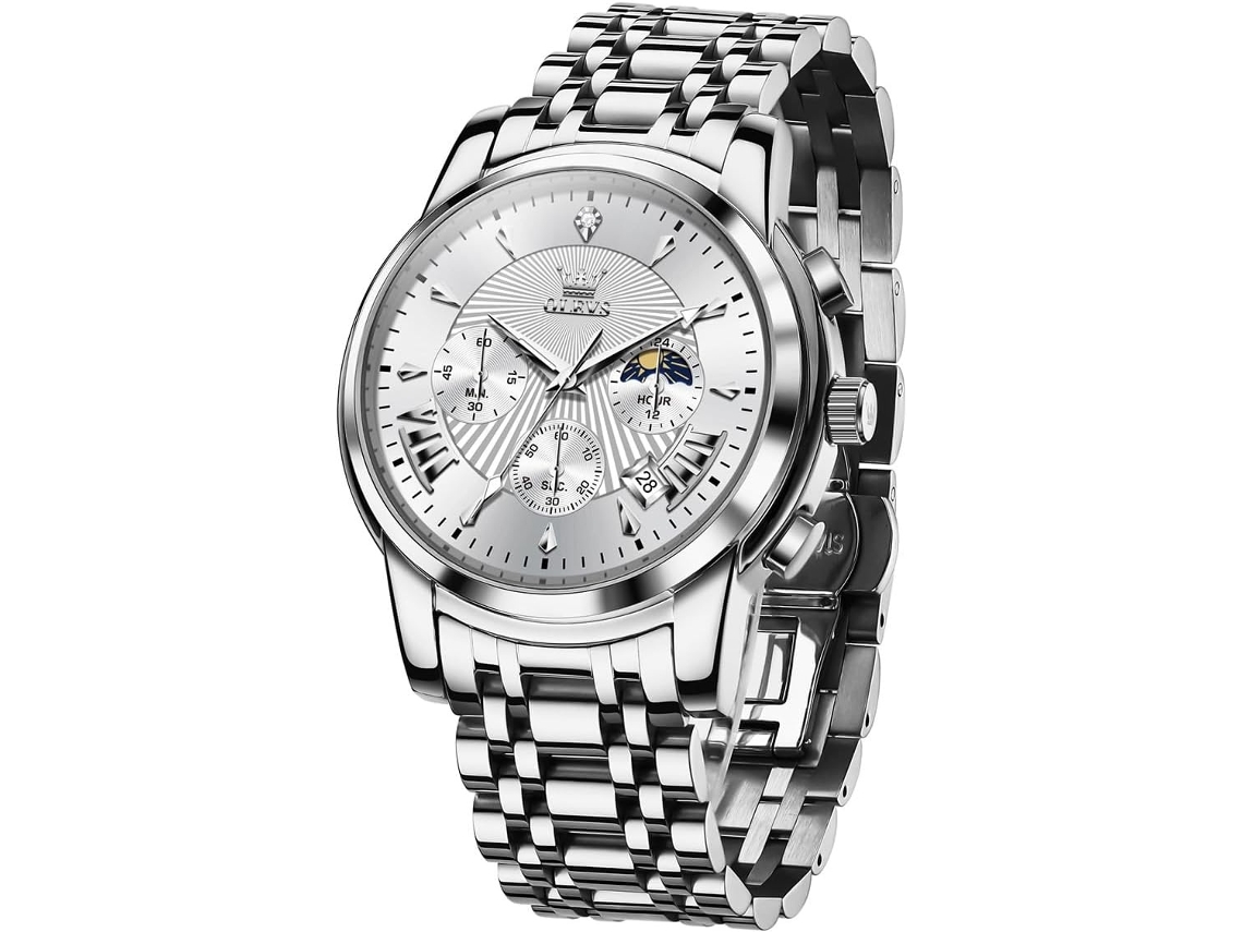 Lurelia Relógio Cronógrafo Masculino, Movimento De Quartzo, Analógico, Data/calendário, Luminoso, Aço Inoxidável, Resistente À Água 30m, Prata
