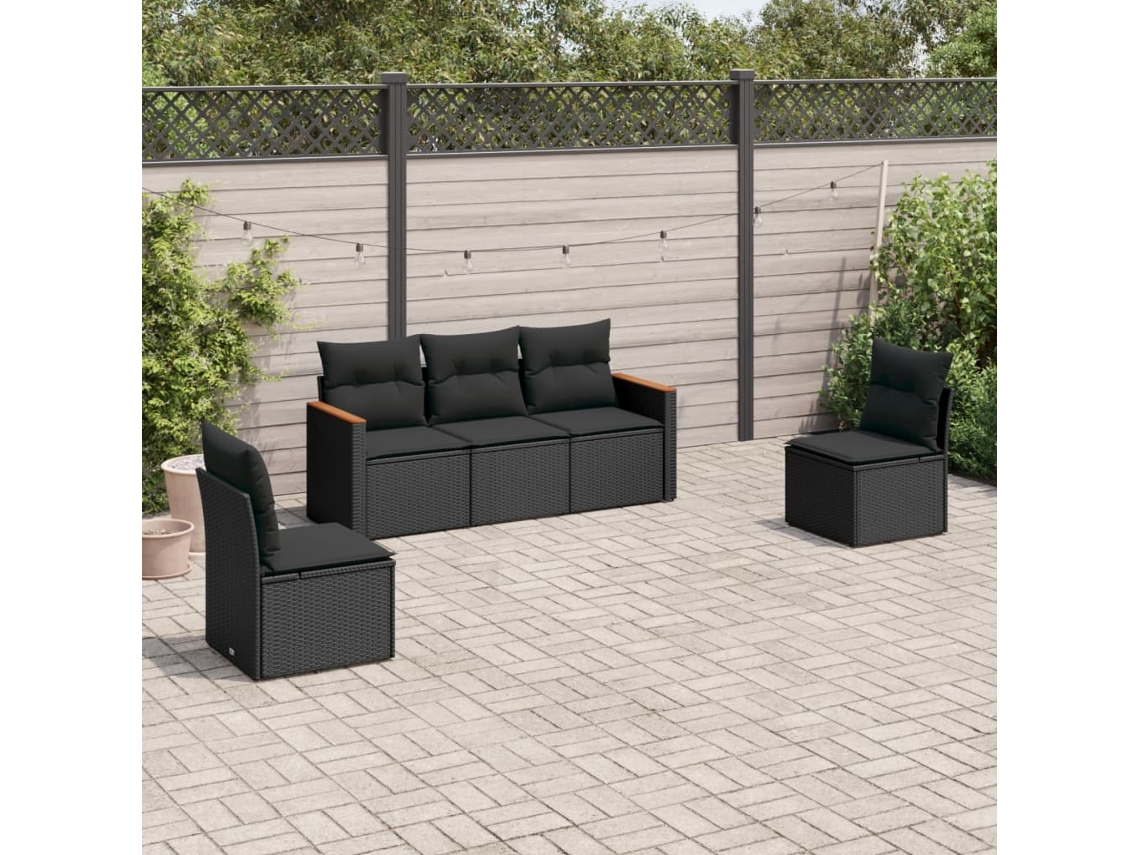 Conjunto de 5 Sofás de Jardim com Almofadas Vime Pe Preto Dkd Home Decor