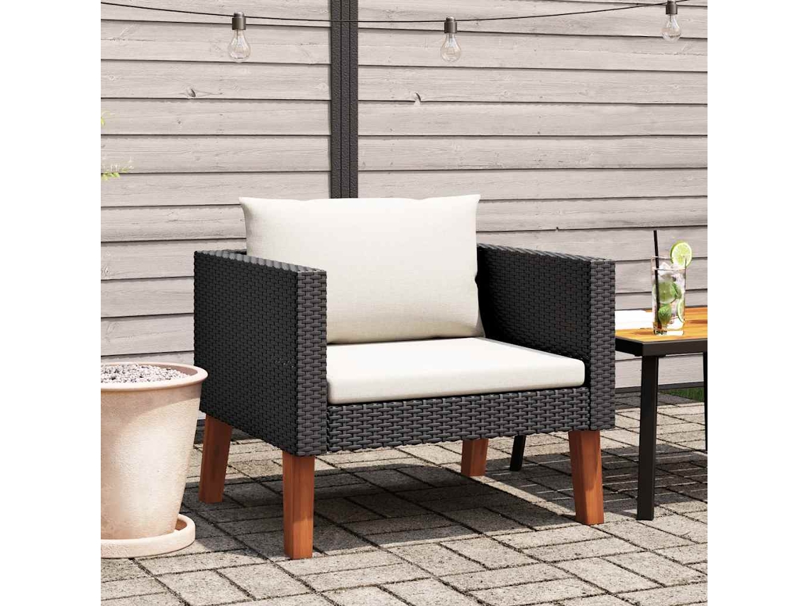 Vidaxl Sofá De Jardim Individual Com Almofadões Vime Pe Preto