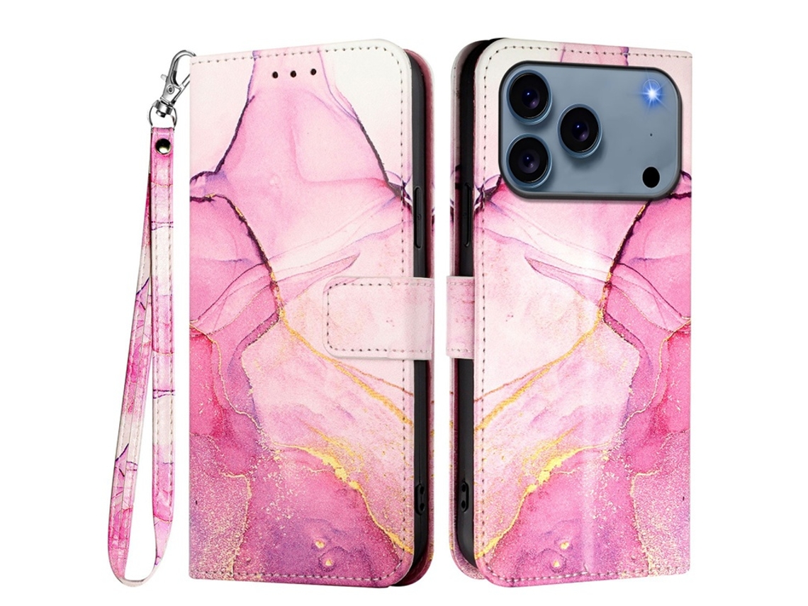 Capa Carteira Para Iphone 17 Pro Max Com Padrão De Mármore E Alça Ls001