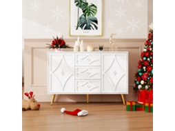 Elegante Cómoda Com Padrão De Diamantes – Aparador Branco Com 3 Gavetas E 2 Portas, Pés Dourados, 120×40×80 Cm