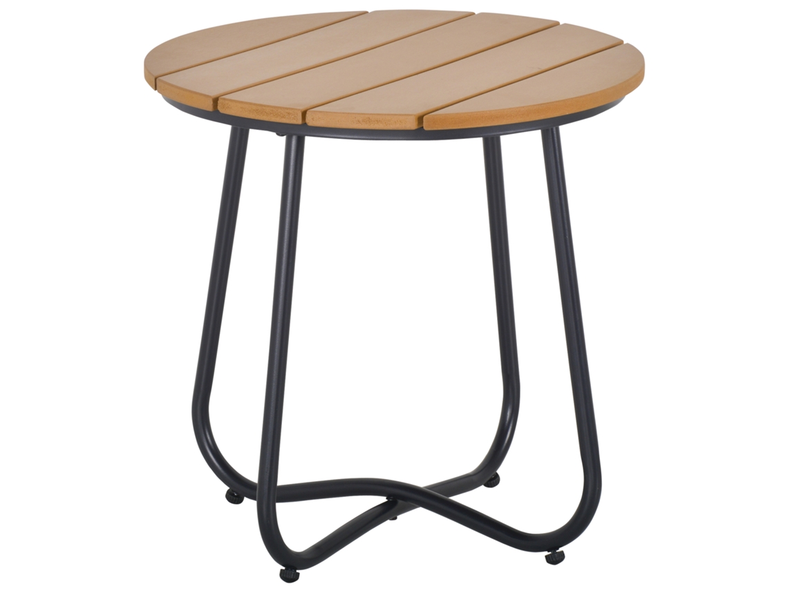 Mesa Auxiliar de Jardim Metal, Aço e Plástico Cor Madeira e Prro Ø49x48 cm Outsunny