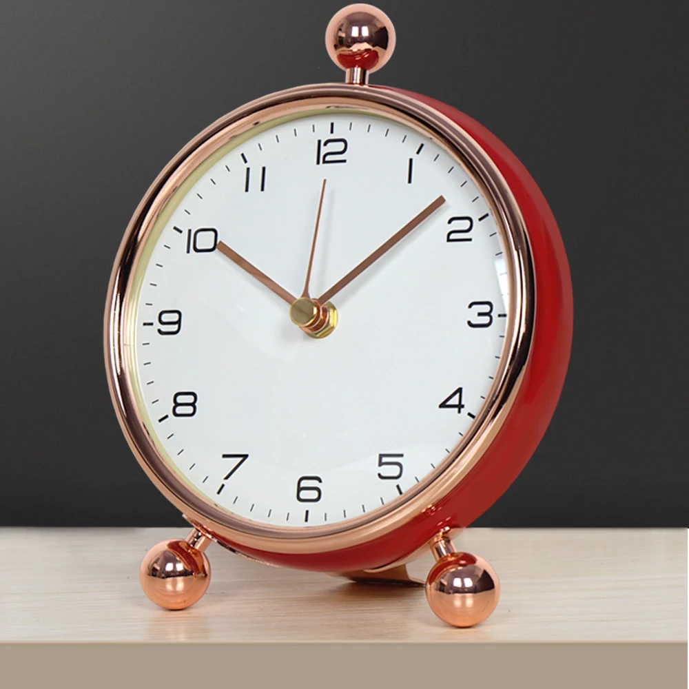 (vermelho) 1 Relógio de mesa analógico minimalista em estilo europeu, relógio de mesa criativo em metal