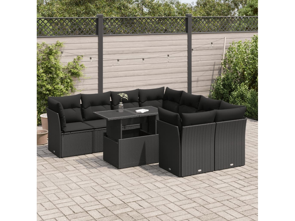 Vidaxl 9 Pcs Conjunto De Sofás P/ Jardim C/ Almofadões Vime Pe Preto