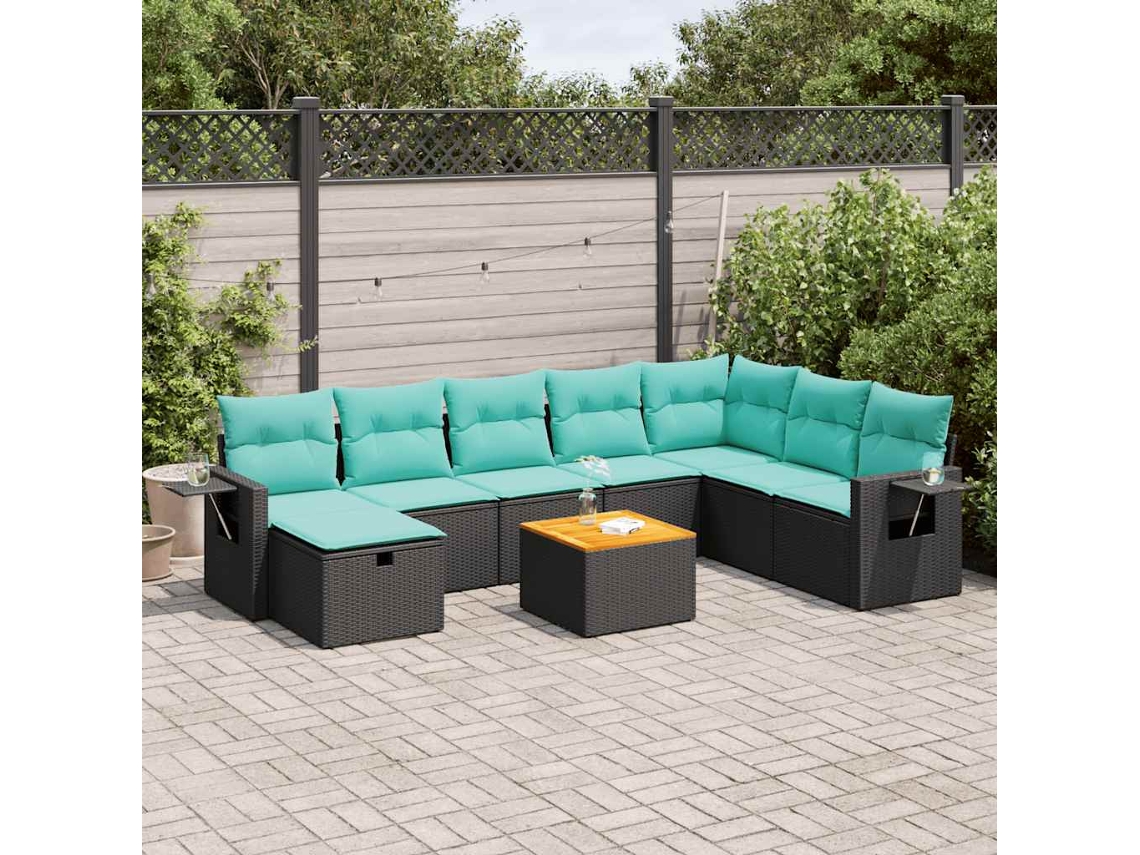 Vidaxl 9 Pcs Conjunto De Sofás P/ Jardim C/ Almofadões Vime Pe Preto