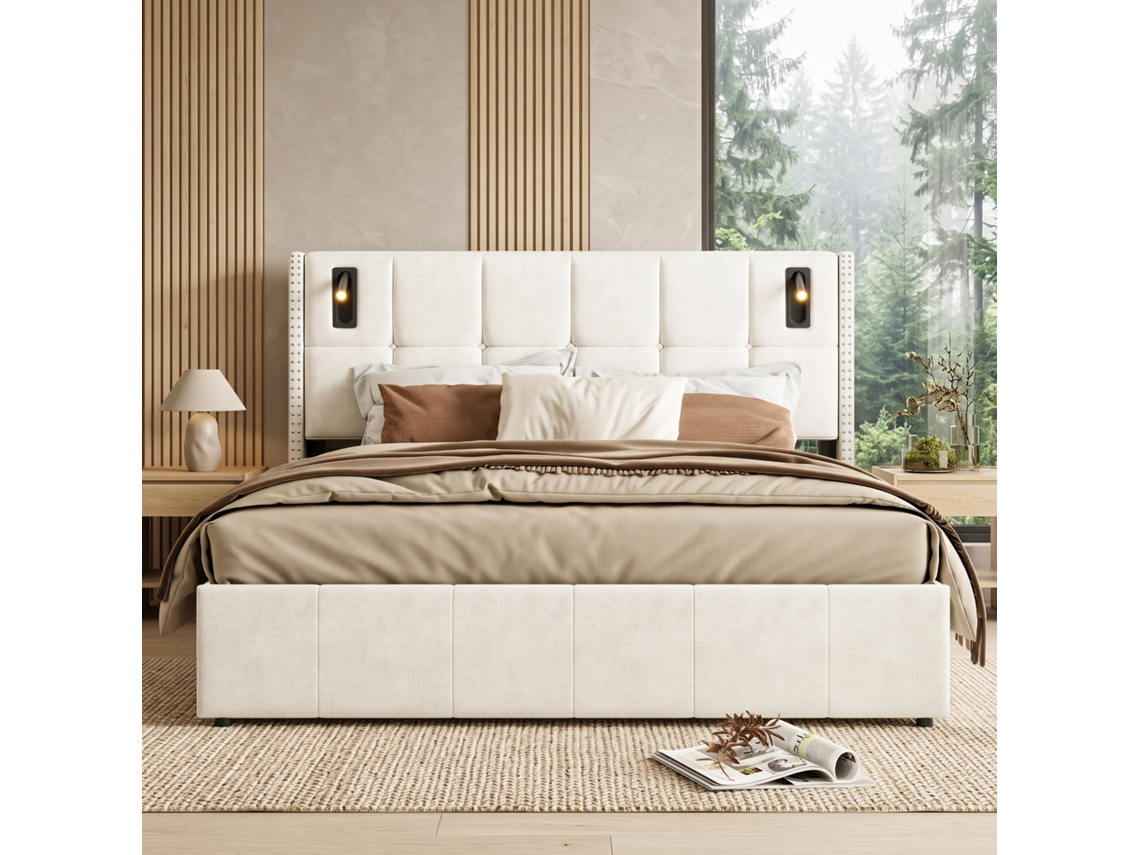 Cama Arrumação Com Sistema Elevável Hidráulico 160x200 Cm, Cama Casal Com Lâmpadas De Leitura Led E Cabeceira Acolchoada Em Veludo, Bege