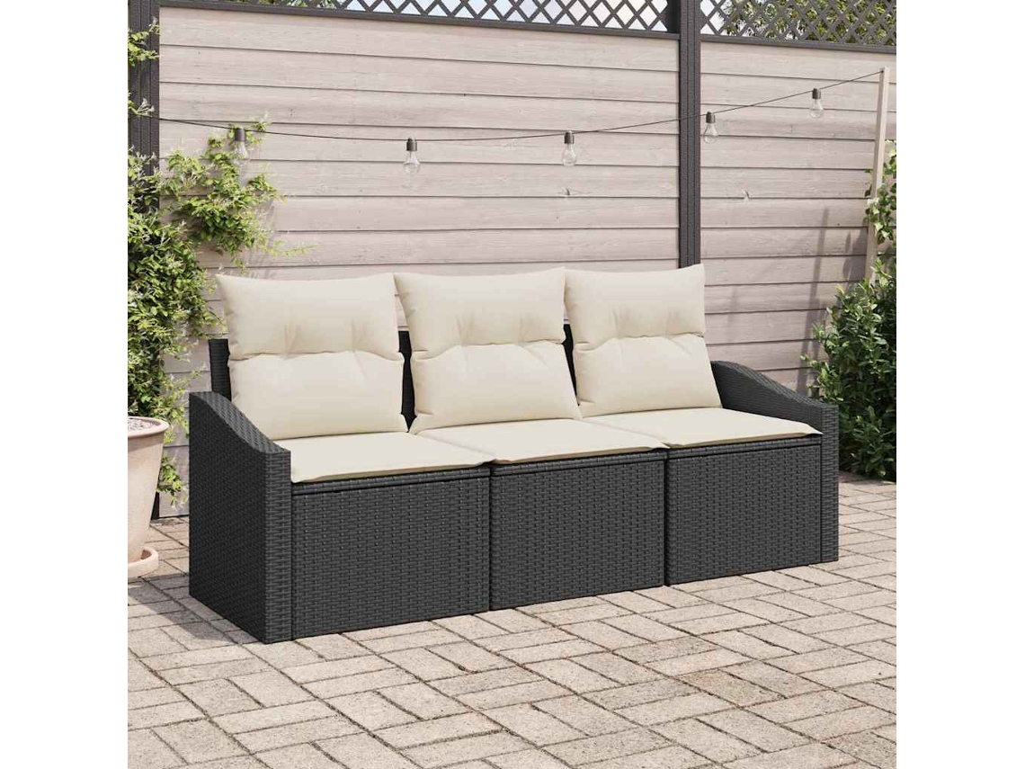 Vidaxl Conjunto De Sofás Com Almofada 3 Pcs Preto Vime Pe