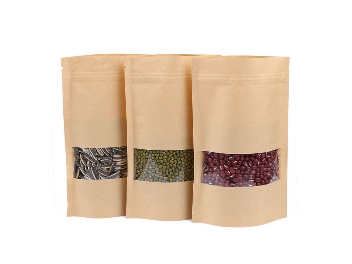 2026 50 Bolsas Reutilizables de Papel Kraft Marrón Con Cremallera Estanca Y Ventana Transparente 14x22cm