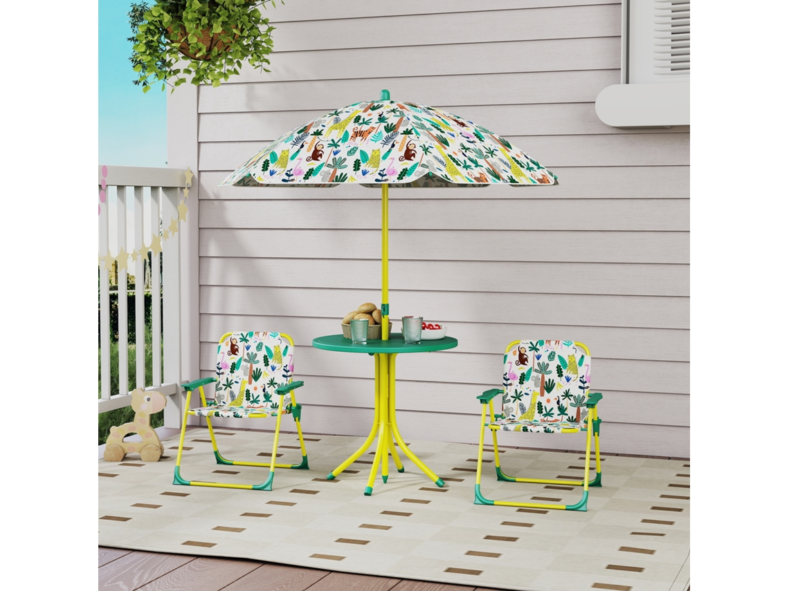 Mesa E Cadeiras Infantis Para Piquenique Com Guarda-sol Na Cor Verde
