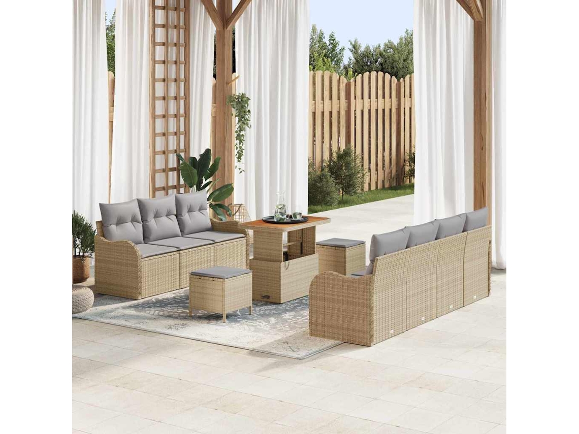 Vidaxl Conjunto De Sofá De Jardim Com Almofada 10 Pcs Bege Vime Pe