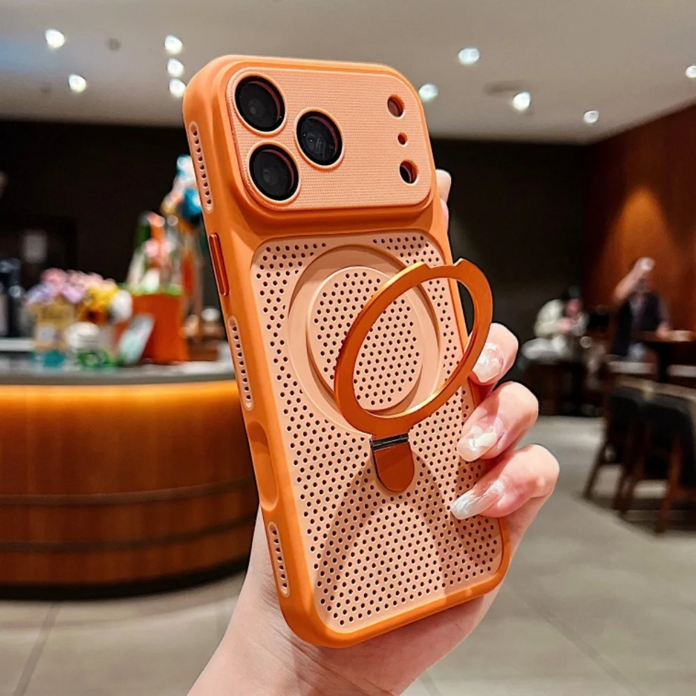 Capa Magsafe Para Iphone 15 Plus (laranja) Com Suporte, Respirável E Com Dissipação De Calor, E Suporte Magnético.