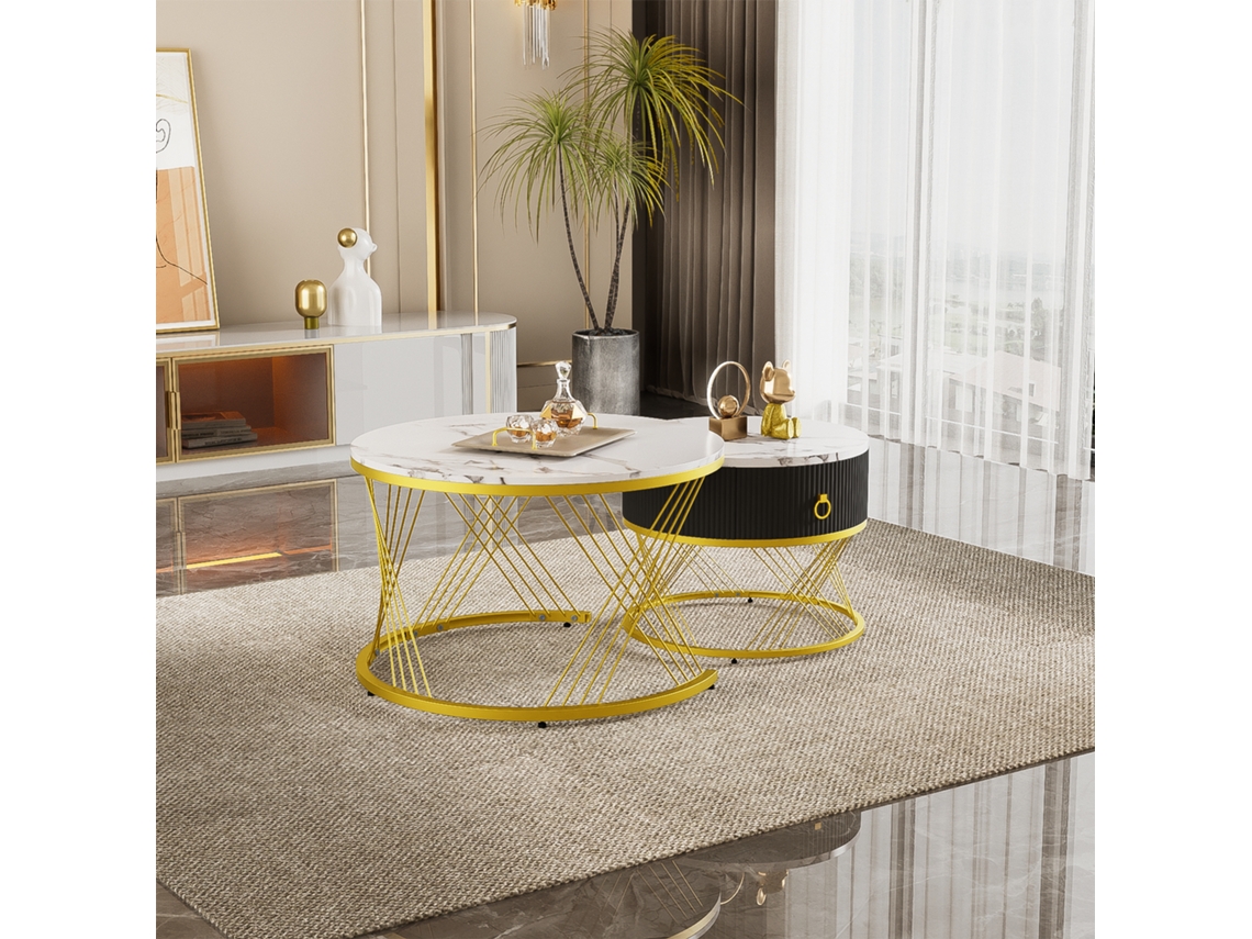 Conjunto De 2 Mesas De Centro De Encaixe Com Gaveta Efeito Mármore Branco E Dourado