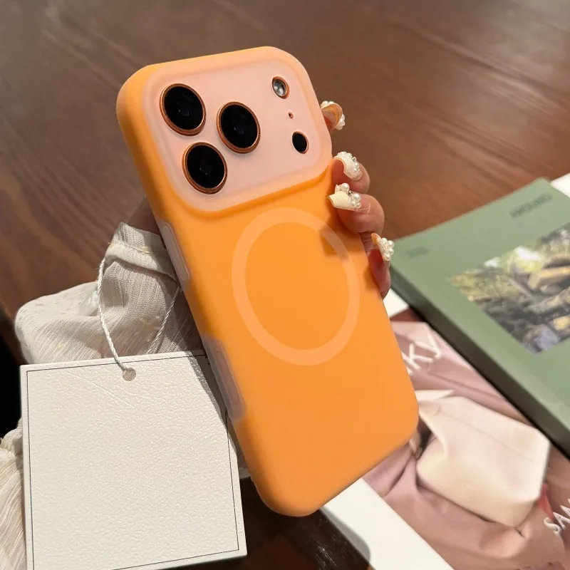 Capa De Celular Para Iphone (iphone 15 Pro Max Laranja) Em Silicone Líquido Com Textura De Gelatina, Capa Protetora Magnética Fosca.