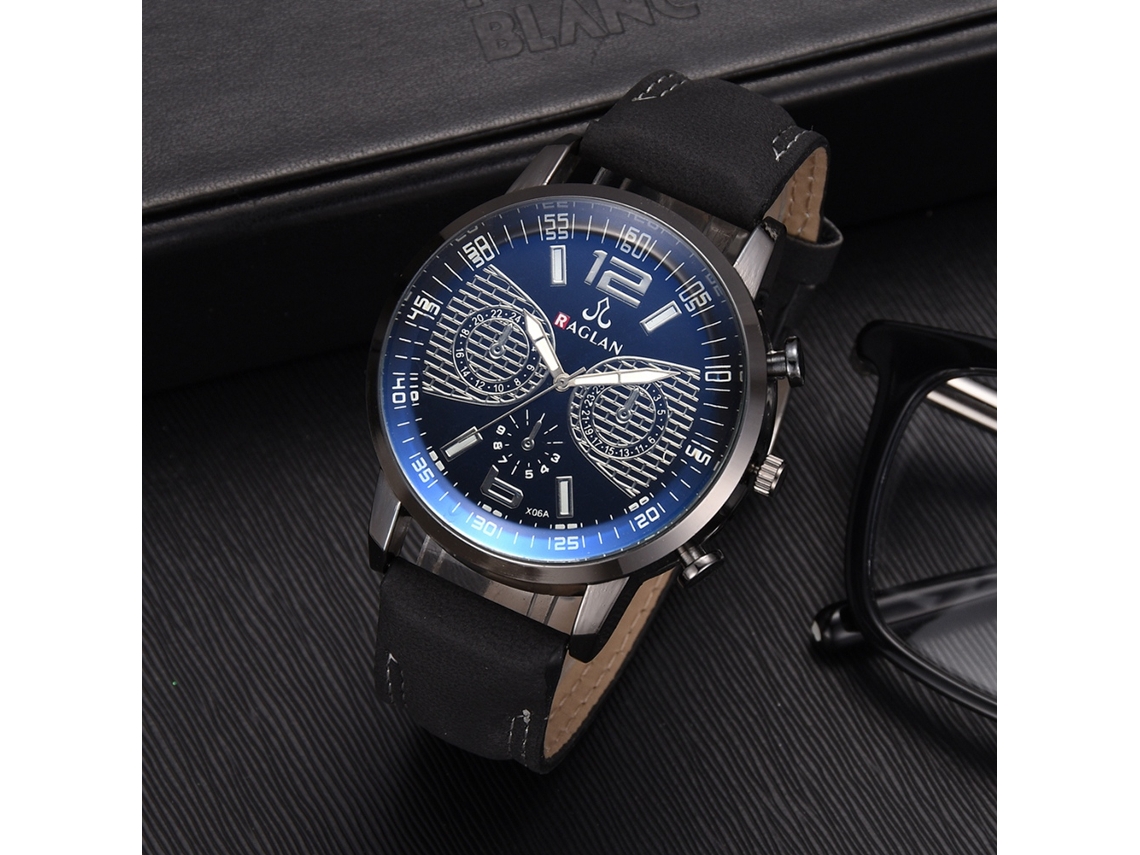 Relógio de pulso masculino de quartzo com pulseira de PU (pulseira preta, mostrador azul)