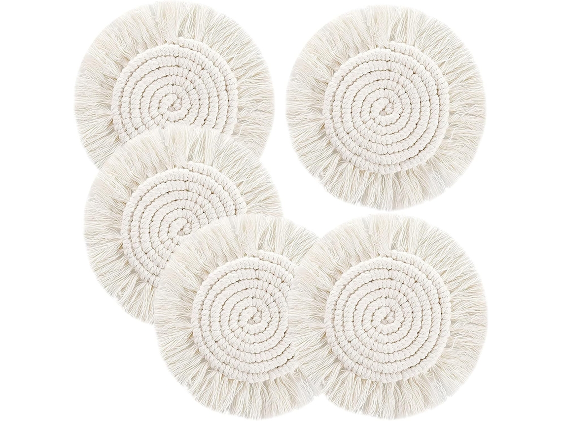 Conjunto De 5 Porta Copos Absorventes, Feitos À Mão Em Algodão Macramê, Para Mesa De Centro, Estilo Boho Com Franjas. Aquaforge
