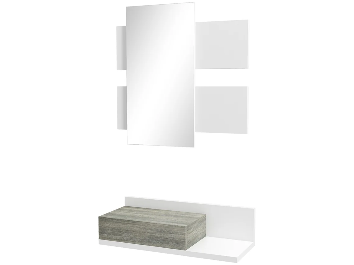 Conjunto Suspenso com Espelho e Gaveta, branco e cinza, 75x3,5x75 Cm e 75x30,5x20 Cm | S/MARCA