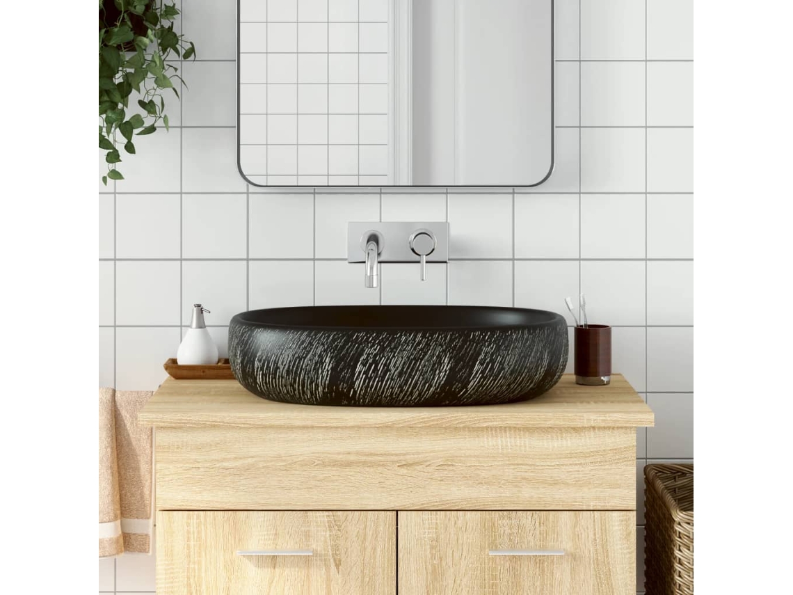 Vidaxl Lavatório De Bancada Oval 59x40x14 Cm Cerâmica Preto