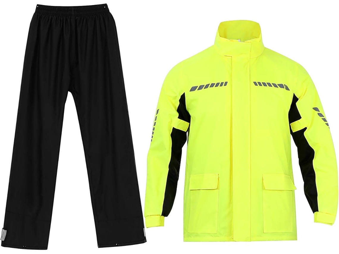 Conjunto masculino Chuva para motociclismo em nylon amarelo com jaqueta refletora.