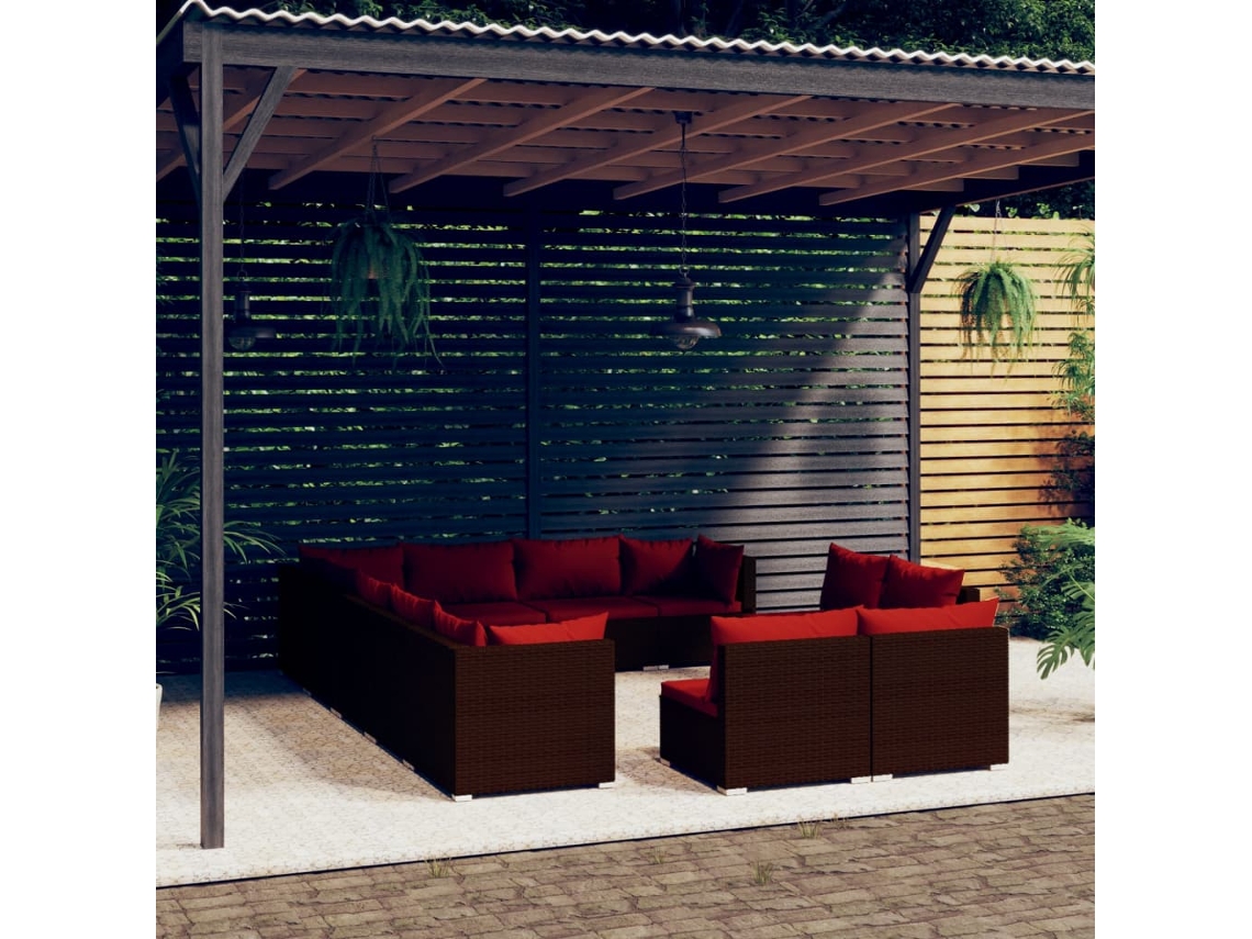Conjunto 12 Peças Lounge De Jardim C/ Almofadões Vime Pe Marrom Dkd Home Decor