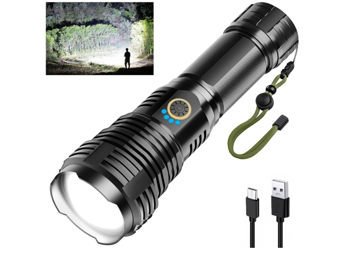Lanterna Led Ultrabrilhante Led Recarregável 15.000 Lúmens Xhm77.2 Alimentada Por Bateria com Zoom Preta TURMIN